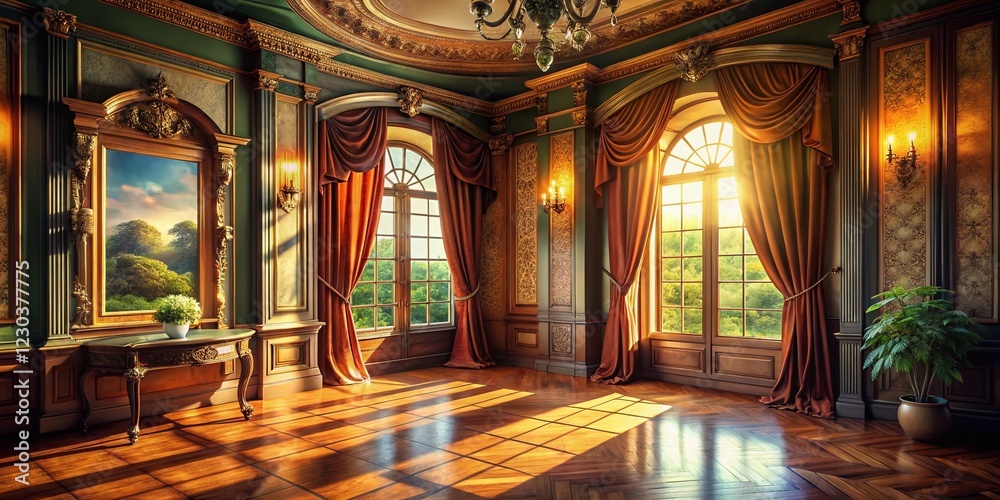 Obraz premium Panoramic View: Classical House Window with Elegant Curtains