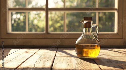 Wallpaper Mural Golden oil in glass bottle on rustic wooden table by sunlit window. Torontodigital.ca