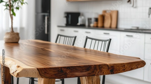 Natural Wood Table with Unique Grain in Modern Kitchen Space