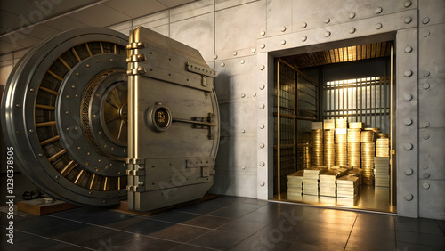 Secure gold vault opening bank location high-definition image industrial environment close-up view wealth preservation