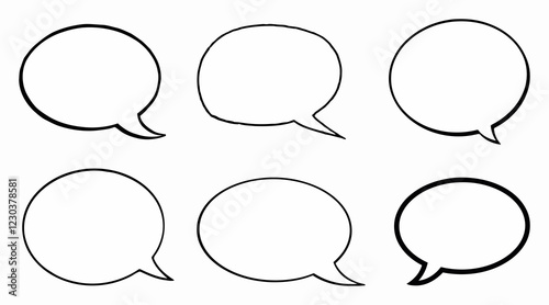 Clean minimalist speech bubbles collection on neutral background, white oval shapes with sharp black outlines. Comic book messaging aesthetic, perfect for communication concepts.
