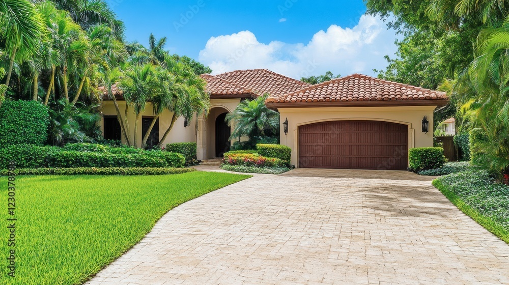 Beautiful Tropical House with Lush Landscaping and Paved Driveway Beautiful Tropical House with Lush Landscaping and Paved Driveway