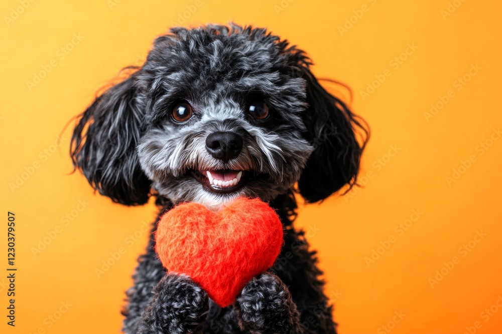 Poodle - my treasured dog. Digital ads visual idea. Cute poodle canine with fluffy red heart - emblem of love, funny greeting card. Friendship with animals. Love pets valentine's day. Poodle - my treasured dog. Digital ads visual idea. Cute poodle canine with fluffy red heart - emblem of love, funny greeting card. Friendship with animals. Love pets valentine's day.