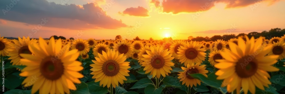 Fototapeta premium A sea of yellow and orange sunflowers stretch towards the sky at sunset, natural light, , colorful flowers