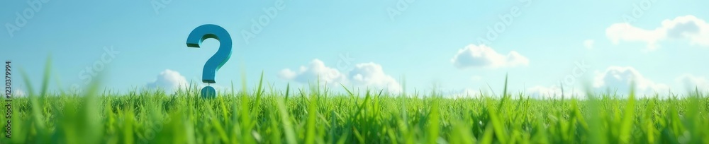 A single blue question mark suspended in mid-air above a field of tall grass, solitude, simplicity, open space
