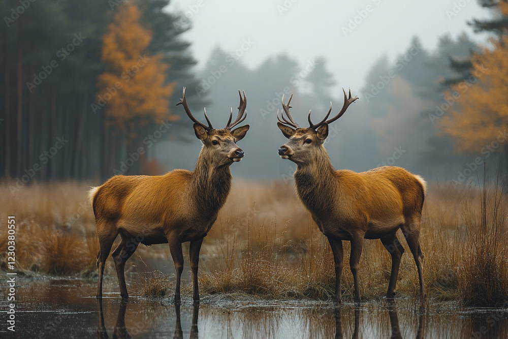 Fototapeta premium Two majestic red deer stags stand in a misty autumnal forest