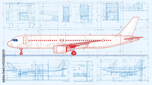 Airbus Blueprint:  An engineering blueprint for an Airbus A320 passenger jet  features intricate details  - wings, engines, and landing gear - laid out with precision.