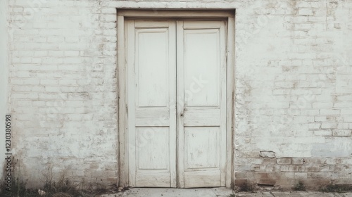 Old white double door in a weathered brick wall.