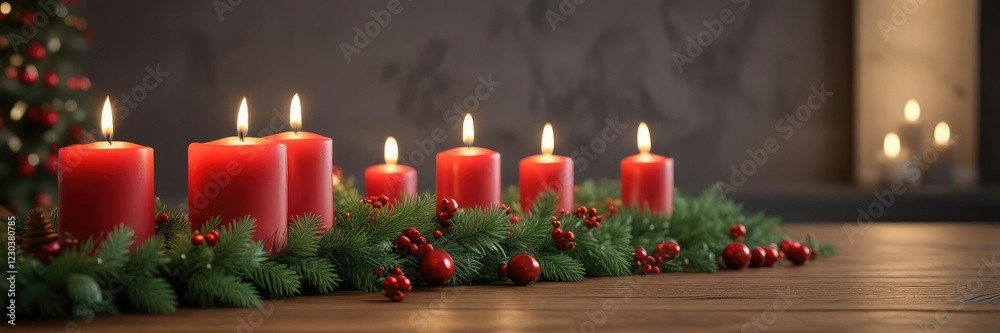 Red candles in a festive garland with evergreen branches, evergreen branches, rustic charm Red candles in a festive garland with evergreen branches, evergreen branches, rustic charm