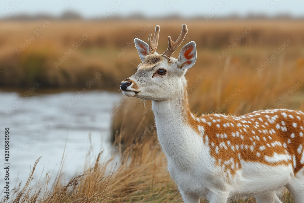 Obraz premium Young Fallow Deer Near Water In Autumn Meadow