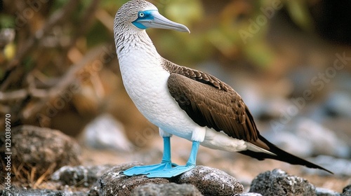 A striking blue-footed booby stands confidently on a rocky outcrop, showcasing its vibrant blue feet. The surrounding environment features lush greenery, creating a vivid natural backdrop