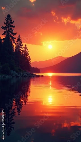 Warm orange light on lake water, with silhouetted trees and hills in the sky, sunset, warm photo