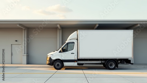 White Delivery Truck Parked Outside Warehouse photo