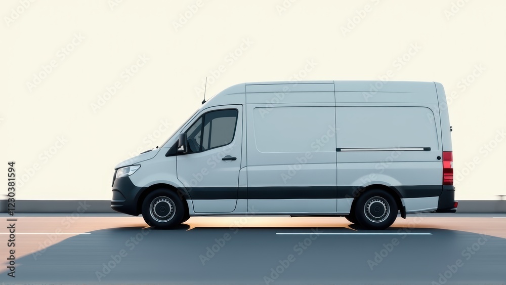 White Delivery Van Driving on Highway - Transportation and Logistics Concept White Delivery Van Driving on Highway - Transportation and Logistics Concept