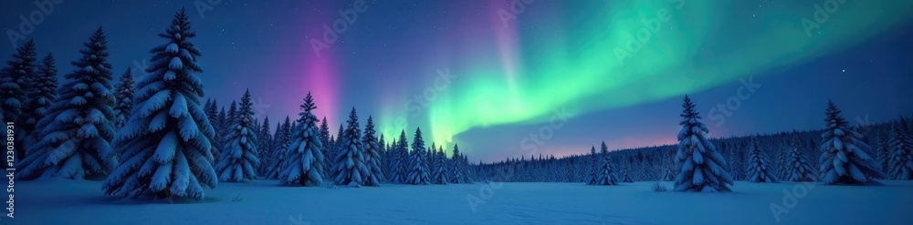 Fototapeta premium Flickering aurora borealis above frozen forest trees, aurora borealis, mystical