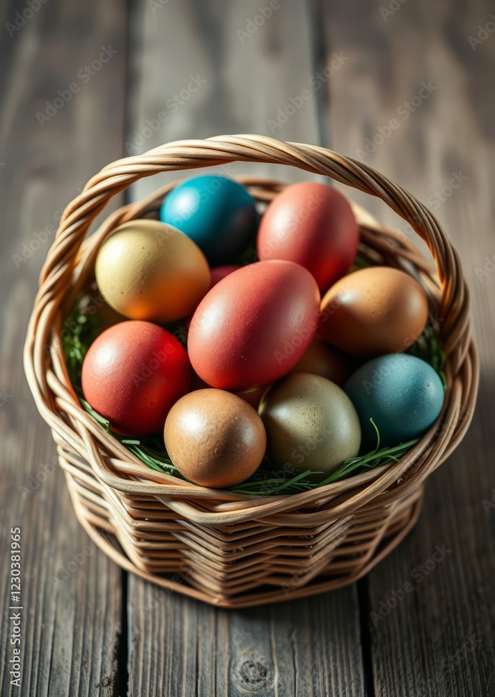 Colorful easter eggs in a woven basket on a wooden background easter egg holiday illustration celebration easter Colorful easter eggs in a woven basket on a wooden background easter egg holiday illustration celebration easter