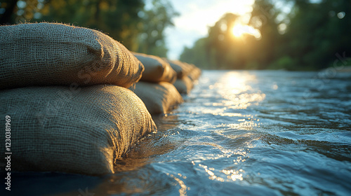 Sandbags lined along a riverbank representing flood resilience and water mitigation efforts in a modern, minimalistic scene with bright tones and empty caption space

 photo