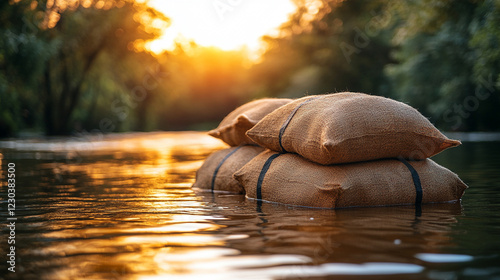 Sandbags lined along a riverbank representing flood resilience and water mitigation efforts in a modern, minimalistic scene with bright tones and empty caption space

 photo