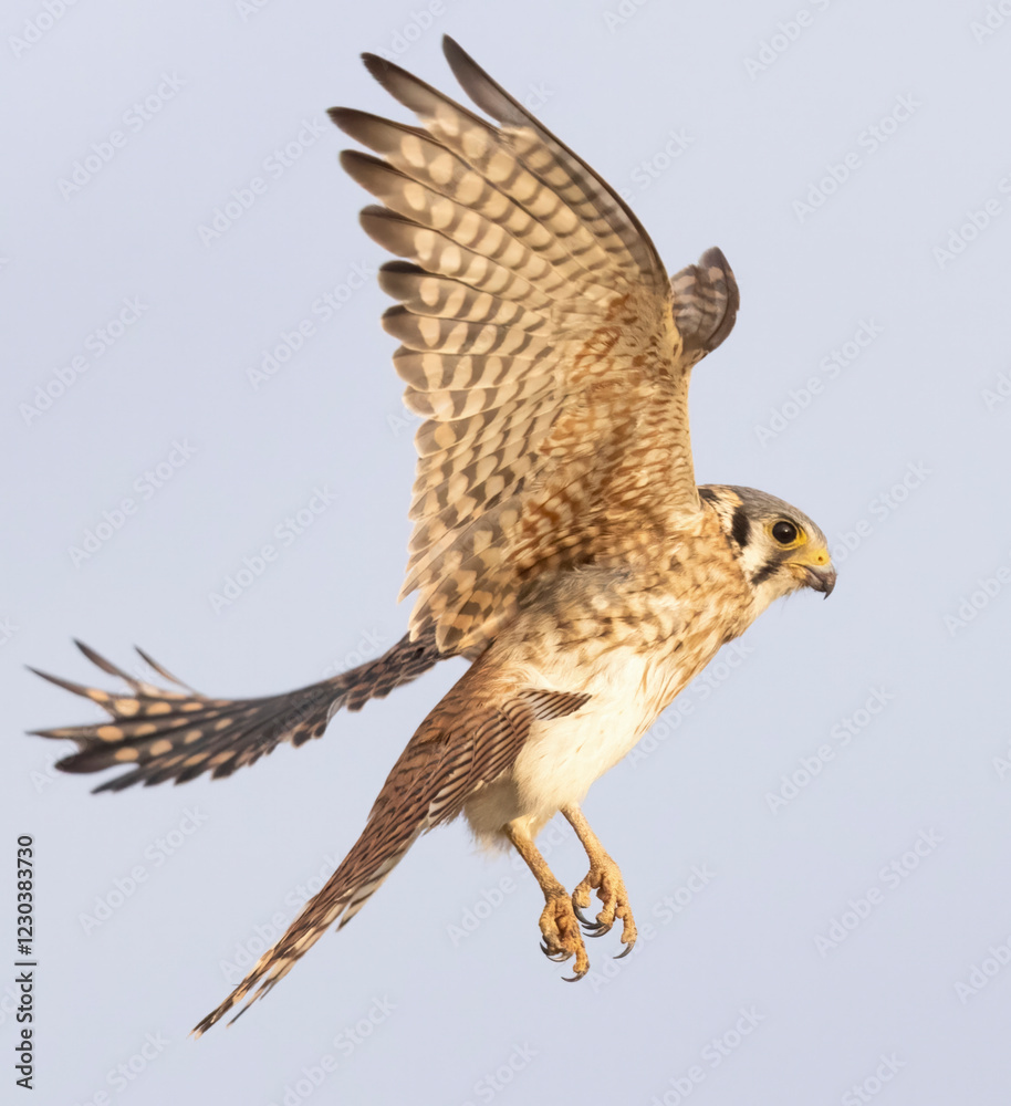 Wild American kestrel hunting in a field in Rocky Mountain Arsenal in Colorado.