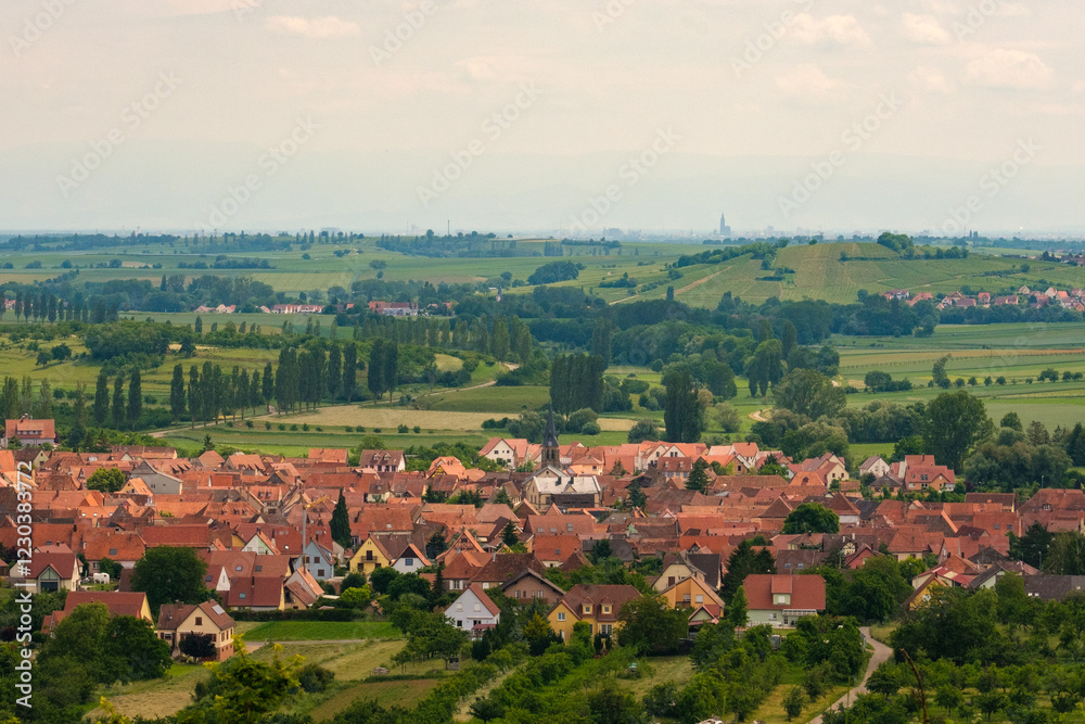 Village de Westhoffen avec la cathédrale de Strasbourg en arrière-plan Village de Westhoffen avec la cathédrale de Strasbourg en arrière-plan