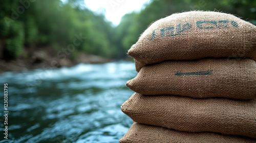 Sandbags lined along a riverbank representing flood resilience and water mitigation efforts in a modern, minimalistic scene with bright tones and empty caption space

 photo