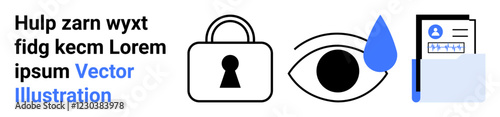 Lock representing security, eye with droplet for privacy concern, document with user photo and checklist. Ideal for cybersecurity, privacy policies, data protection, secure communications, digital