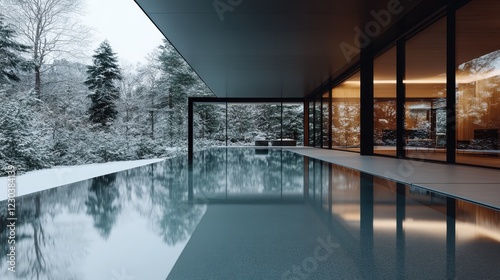 The serene reflection of a modern architectural design within a pool surrounded by snow, depicting tranquility and elegance in a winter wonderland setting. photo