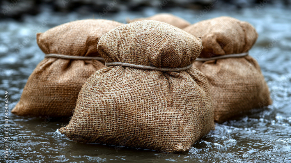 Sandbags lined along a riverbank representing flood resilience and water mitigation efforts in a modern, minimalistic scene with bright tones and empty caption space

