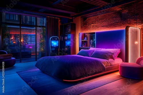 Futuristic hotel suite featuring robotic concierge, smart color-changing walls, metallic furniture, and industrial design elements like exposed brick and steel for a modern experience photo