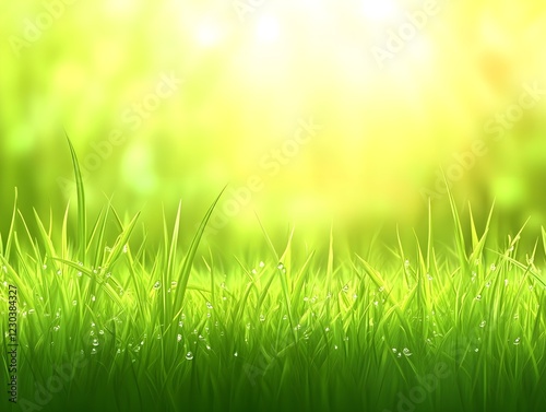 Bright green grass with dew drops glistening in sunlight.