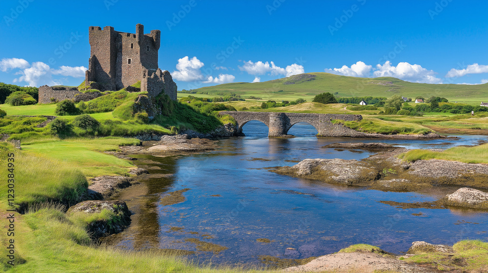 Ancient Castle by the River: A majestic, timeworn castle, steeped in history, stands proudly on a rocky islet, overlooking a tranquil river. Its weathered stones tell tales of bygone eras. Ancient Castle by the River: A majestic, timeworn castle, steeped in history, stands proudly on a rocky islet, overlooking a tranquil river. Its weathered stones tell tales of bygone eras.