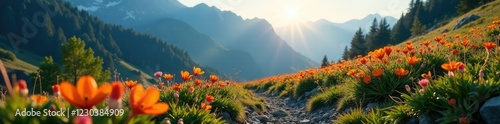 Luminous wildflowers blooming on mountain path, spring growth, lepontine mountains photo