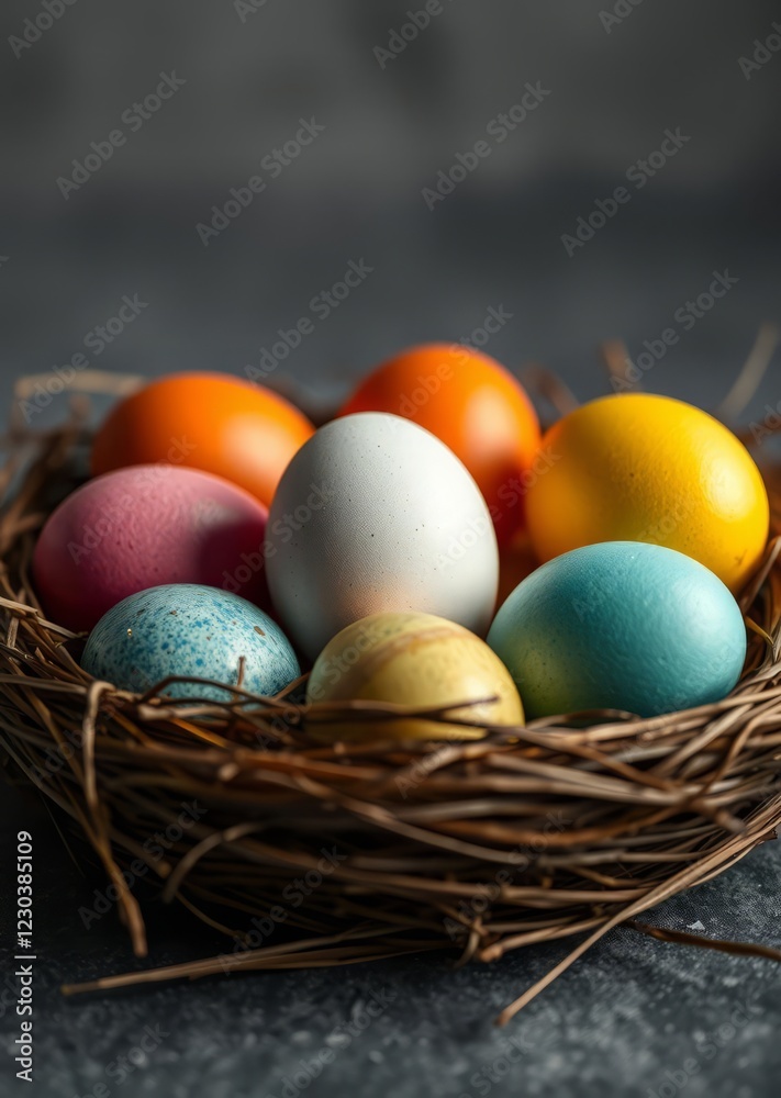 Close-up of colorful easter eggs on straw nest against grey background easter egg holiday illustration celebration easter Close-up of colorful easter eggs on straw nest against grey background easter egg holiday illustration celebration easter