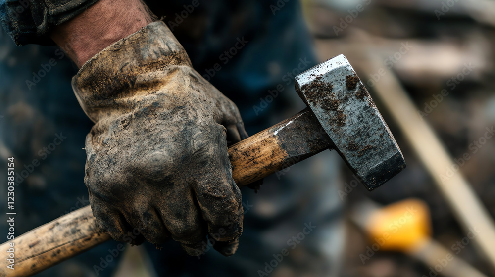Closeup of a construction worker s rough hands holding a hammer Closeup of a construction worker s rough hands holding a hammer