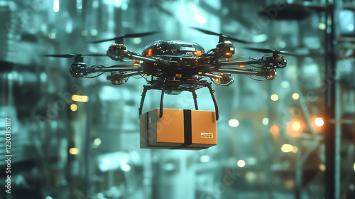 Closeup of a drone delivering a business package