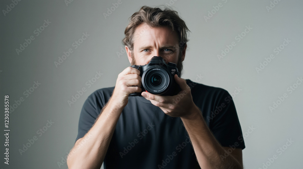 Caucasian adult male photographer holding camera in studio setting Caucasian adult male photographer holding camera in studio setting