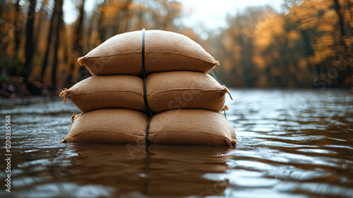 Sandbags lined along a riverbank representing flood resilience and water mitigation efforts in a modern, minimalistic scene with bright tones and empty caption space

 photo