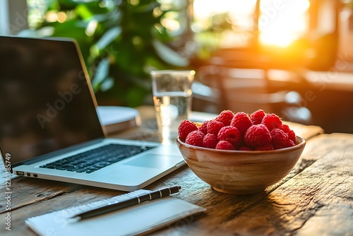 Glass of water and bowl of raspberries on a modern office desk, healthy snack