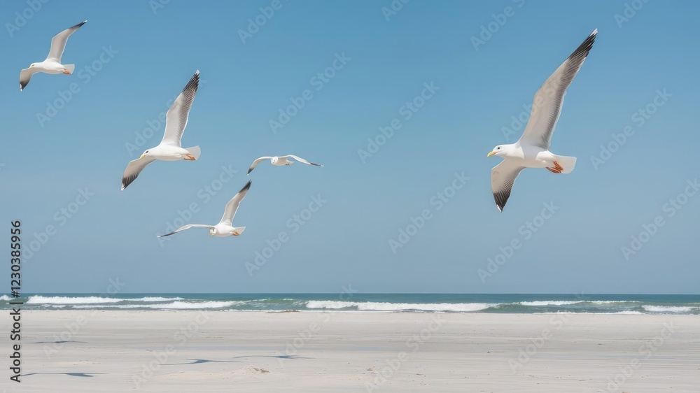 Seagulls soar overhead as they scour the empty sand beach for food, beach, seagulls, scavenging Seagulls soar overhead as they scour the empty sand beach for food, beach, seagulls, scavenging