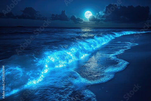 A calm ocean with bioluminescent waves glowing softly under the light of a full moon, the scene serene and magical, creating a tranquil nightscape