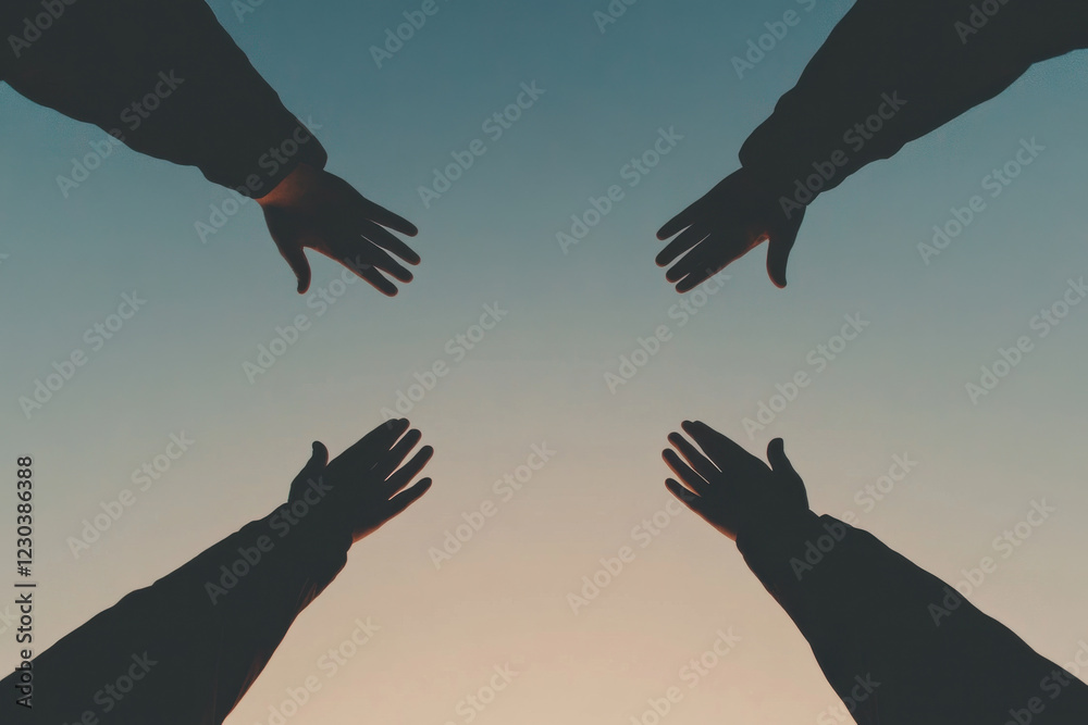 Four hands are raised in the air, with the fingers spread out Four hands are raised in the air, with the fingers spread out