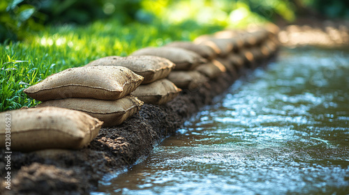 Sandbags lined along a riverbank representing flood resilience and water mitigation efforts in a modern, minimalistic scene with bright tones and empty caption space photo