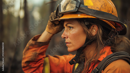 Firefighter adjusting a protective helmet photo