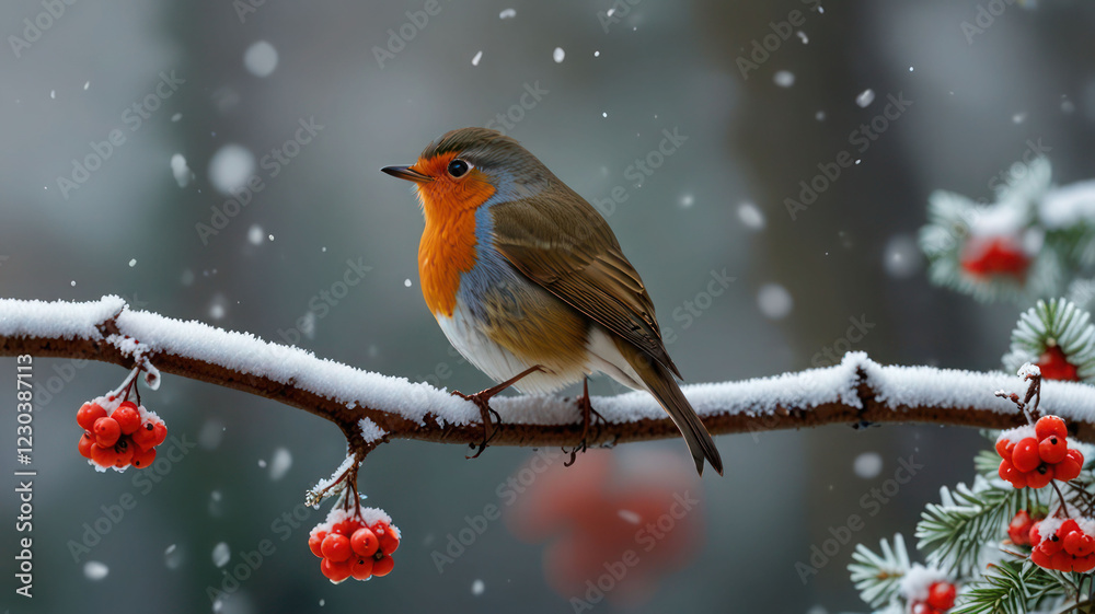 A robin perched on a snowy branch with bright red berries, its warm orange breast contrasting against the cold winter landscape, with soft snowflakes falling gently around it. A robin perched on a snowy branch with bright red berries, its warm orange breast contrasting against the cold winter landscape, with soft snowflakes falling gently around it.