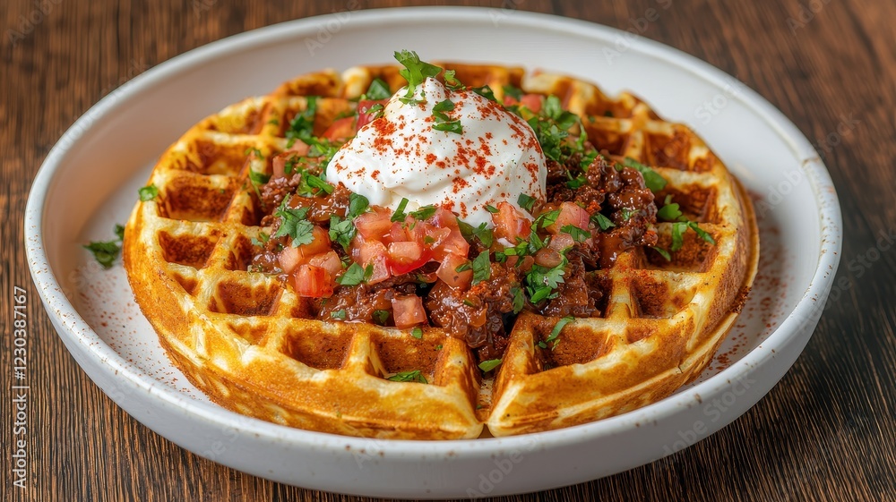 International waffle day with celebration and recipe idea. Savory waffle topped with meat, tomatoes, and sour cream. International waffle day with celebration and recipe idea. Savory waffle topped with meat, tomatoes, and sour cream.