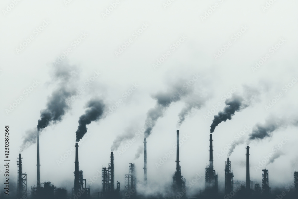 A series of smokestacks are spewing smoke into the air A series of smokestacks are spewing smoke into the air