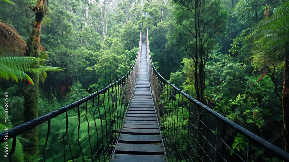 Suspended bridge stretches through lush Australian rainforest canopy, Australia forest bridge above jungle rainforest canopy Travel to Tasmania Suspended bridge stretches through lush Australian rainforest canopy, Australia forest bridge above jungle rainforest canopy Travel to Tasmania