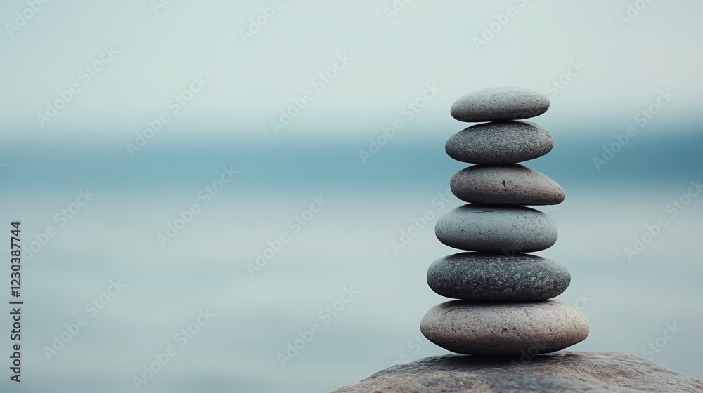Stacked stones on a rock by calm water. Stacked stones on a rock by calm water.