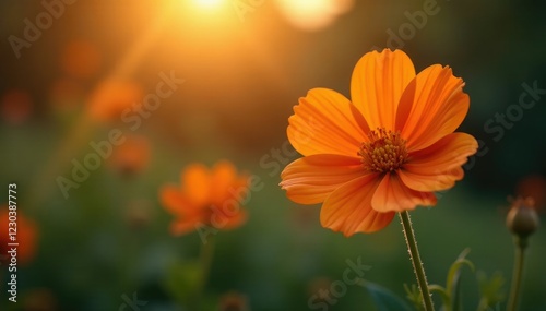 Solitary orange blossom in a garden at sunset, flowers, garden, isolated