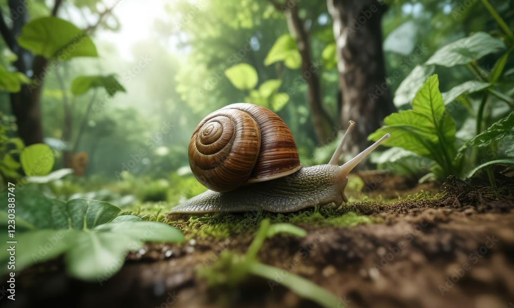 Snail moving through a leafy green environment, plant life, Archachatina marginata Snail moving through a leafy green environment, plant life, Archachatina marginata